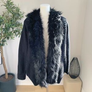 Topshop Black Long Chunky Knit Sweater with Faux Fur Collar